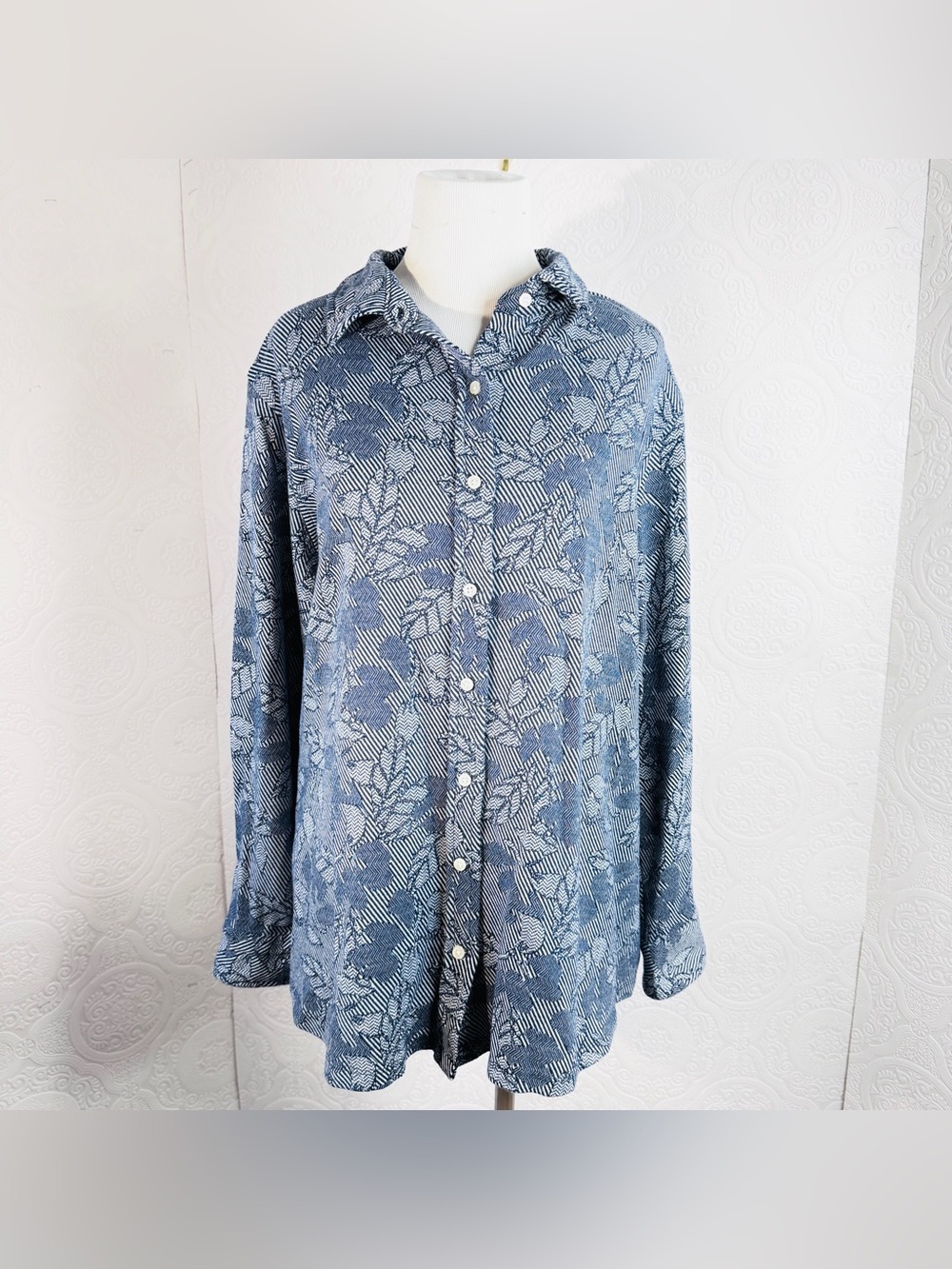 Lands End sz 1X 16W-18W Women's Button Down Collared Shirt Top Floral Blue Stipe